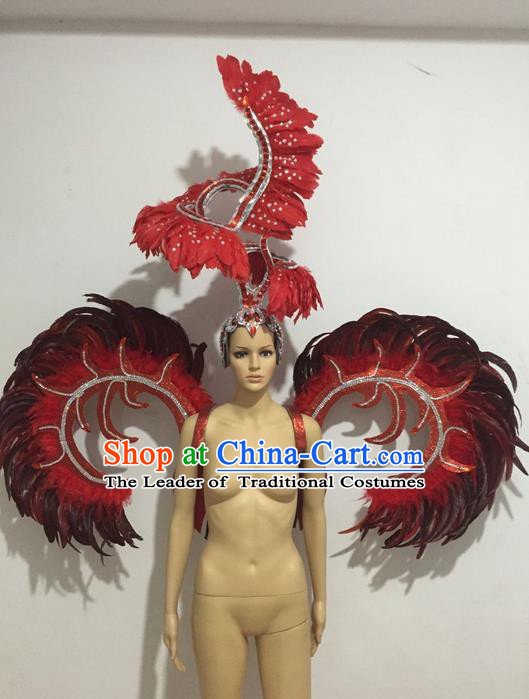 Top Grade Professional Stage Show Halloween Props Decorations Wings and Headpiece, Brazilian Rio Carnival Parade Samba Opening Dance Red Feather Backplane for Women