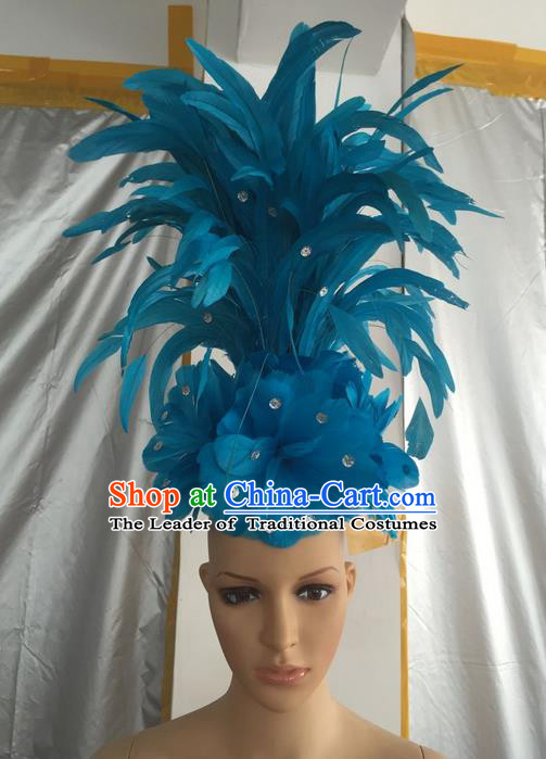Top Grade Professional Stage Show Halloween Halloween Hair Accessories Decorations, Brazilian Rio Carnival Parade Samba Dance Modern Fancywork Blue Feather Headpiece for Kids