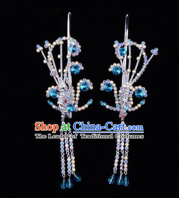 Chinese Ancient Peking Opera Hair Accessories Young Lady Diva Blue Phoenix Headwear, Traditional Chinese Beijing Opera Head Ornaments Hua Tan Colorful Crystal Hairpins