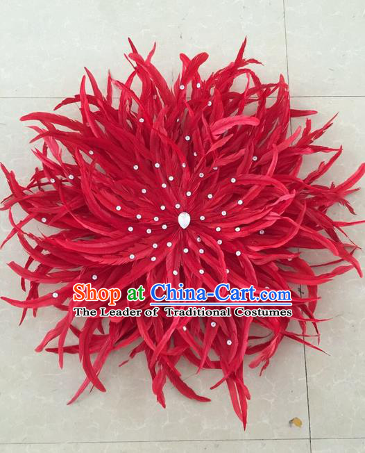 Top Grade Professional Stage Show Halloween Parade Red Feather Hair Accessories, Brazilian Rio Carnival Parade Samba Dance Catwalks Headpiece for Women