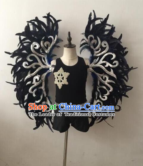Top Grade Professional Stage Show Halloween Parade Props Decorations Wings, Brazilian Rio Carnival Parade Samba Dance Black Feather Backplane for Kids