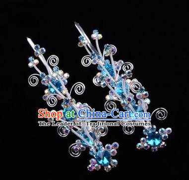 Chinese Ancient Peking Opera Hair Accessories Young Lady Diva Butterfly Head Ornaments, Traditional Chinese Beijing Opera Hua Tan Colorful Crystal Blue Hairpins