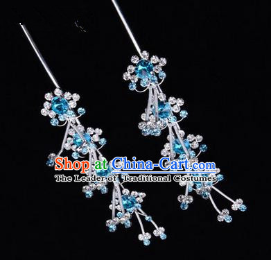 Chinese Ancient Peking Opera Hair Accessories Young Lady Diva Head Ornaments, Traditional Chinese Beijing Opera Hua Tan Blue Crystal Hairpins
