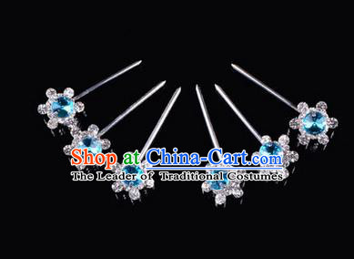 Chinese Ancient Peking Opera Hair Accessories Young Lady Diva Head Ornaments, Traditional Chinese Beijing Opera Hua Tan Blue Crystal Bead Hairpins