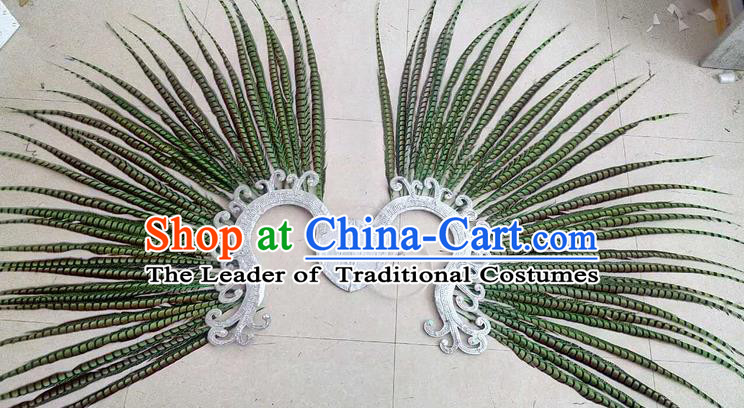 Top Grade Professional Stage Show Halloween Props Decorations, Brazilian Rio Carnival Parade Samba Dance Green Feather Catwalks Backplane for Women