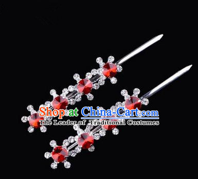 Chinese Ancient Peking Opera Hair Accessories Young Lady Diva Head Ornaments, Traditional Chinese Beijing Opera Hua Tan Red Crystal Four Beads Hairpins