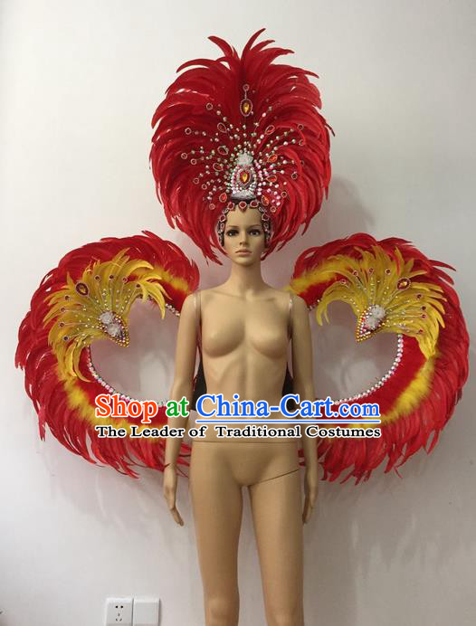 Top Grade Professional Stage Show Halloween Parade Props Decorations Wings and Headpiece, Brazilian Rio Carnival Parade Samba Dance Red Feather Backplane for Women