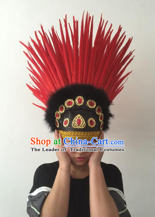 Top Grade Professional Stage Show Halloween Parade Red Feather Hat Hair Accessories, Brazilian Rio Carnival Parade Samba Dance Catwalks Headwear for Women