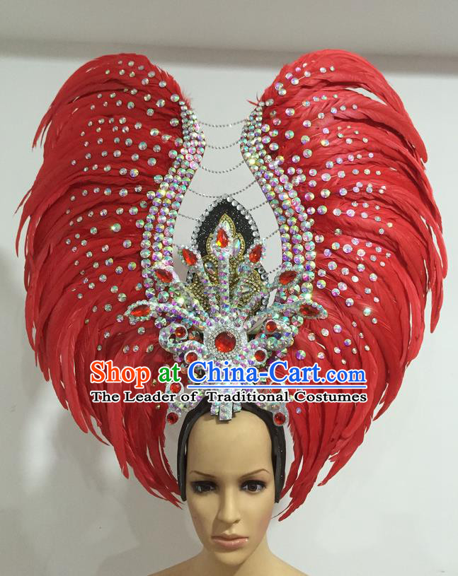 Top Grade Professional Stage Show Halloween Parade Exaggerated Red Feather Hair Accessories, Brazilian Rio Carnival Samba Dance Headwear for Women