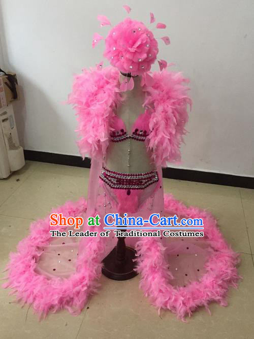 Top Grade Professional Performance Catwalks Bikini Costume and Headwear, Traditional Brazilian Rio Carnival Samba Modern Fancywork Pink Feather Swimsuit Led Light Clothing for Kids