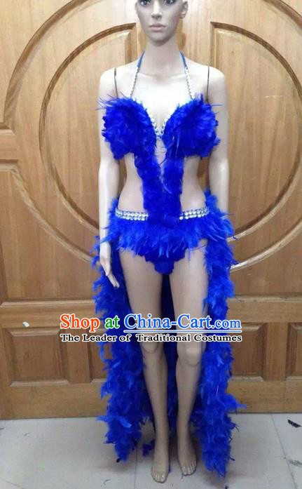 Top Grade Professional Performance Catwalks Blue Feather Bikini Costume, Traditional Brazilian Rio Carnival Samba Dance Modern Fancywork Swimsuit Costume for Women