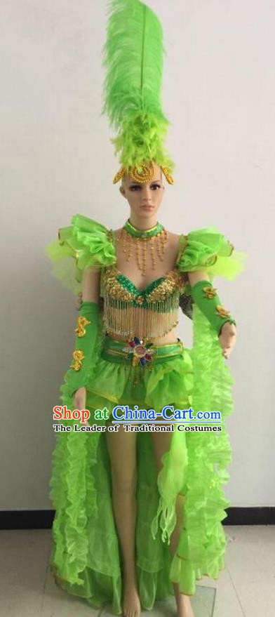 Top Grade Professional Performance Catwalks Green Bikini Costume and Feather Headwear, Traditional Brazilian Rio Carnival Samba Dance Modern Fancywork Clothing for Women