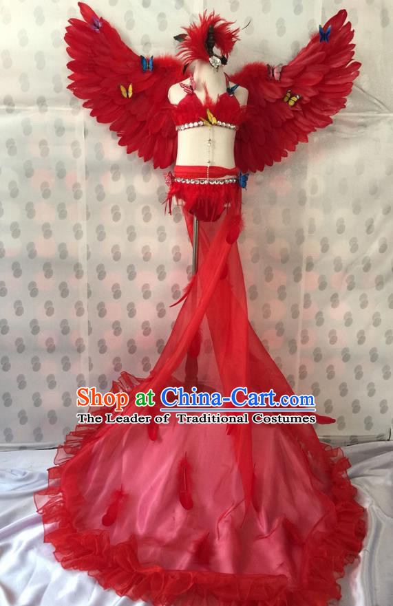 Top Grade Professional Performance Catwalks Costume Red Feather Bikini with Wings, Traditional Brazilian Rio Carnival Samba Dance Modern Fancywork Swimsuit Clothing for Kids