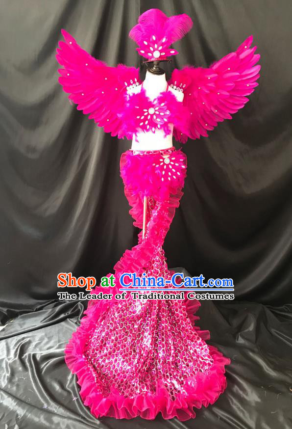 Top Grade Professional Performance Catwalks Costume Rosy Feather Bikini with Wings, Traditional Brazilian Rio Carnival Samba Dance Modern Fancywork Swimsuit Clothing for Kids
