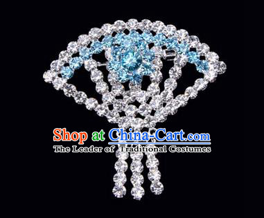 Chinese Ancient Peking Opera Jewelry Accessories Young Lady Diva Sector Brooch, Traditional Chinese Beijing Opera Hua Tan Blue Crystal Breastpin