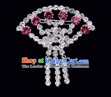Chinese Ancient Peking Opera Jewelry Accessories Young Lady Diva Sector Brooch Collar Button, Traditional Chinese Beijing Opera Hua Tan Pink Crystal Breastpin