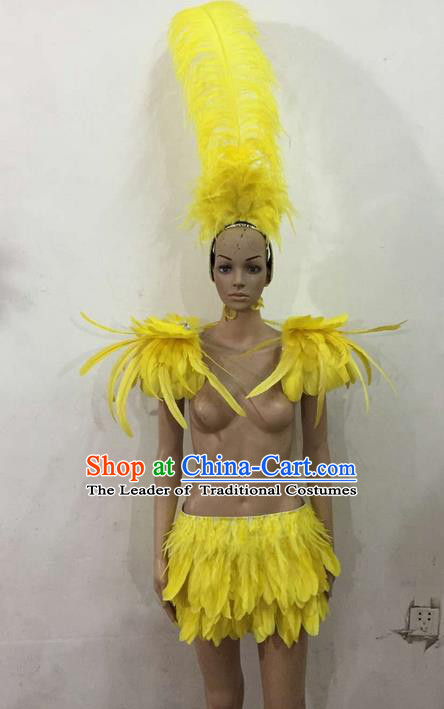 Top Grade Professional Performance Catwalks Costume Yellow Feather Bikini, Traditional Brazilian Rio Carnival Samba Dance Modern Fancywork Swimsuit Clothing for Women