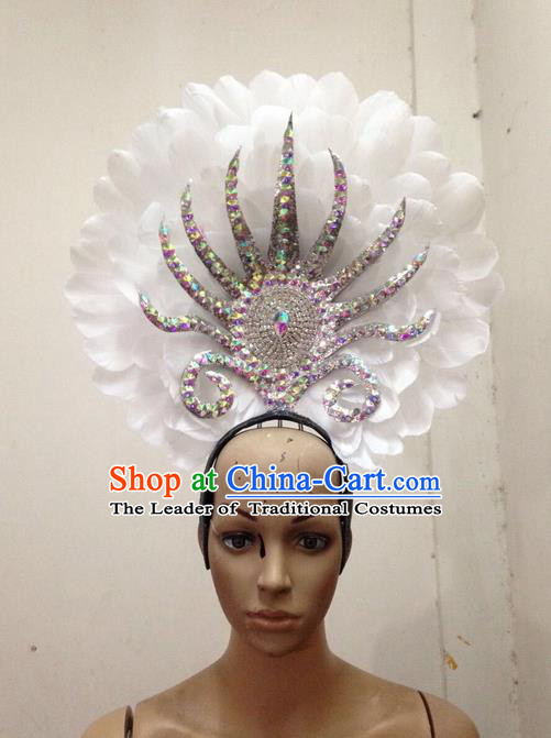 Top Grade Professional Stage Show Halloween Parade White Feather Hair Accessories, Brazilian Rio Carnival Samba Dance Modern Fancywork Decorations Headpiece for Women