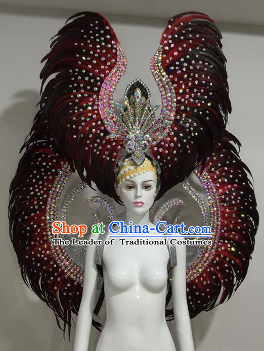 Top Grade Professional Stage Show Halloween Parade Red Feather Wings and Hair Accessories, Brazilian Rio Carnival Samba Dance Modern Fancywork Decorations Props for Women