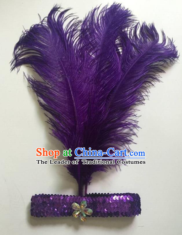 Top Grade Professional Stage Show Halloween Parade Purple Ostrich Feather Hair Accessories, Brazilian Rio Carnival Samba Dance Modern Fancywork Headwear for Women