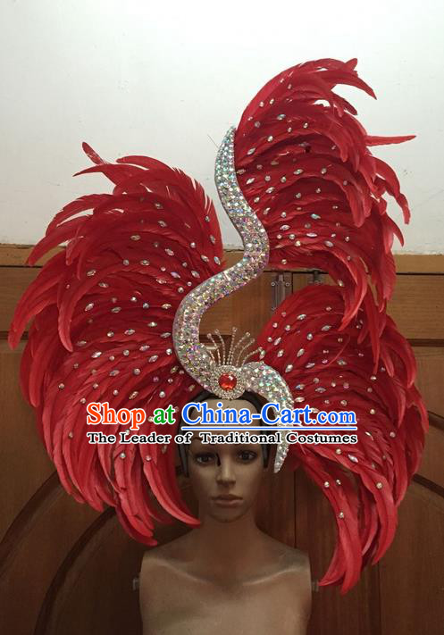 Top Grade Professional Stage Show Halloween Parade Red Ostrich Feather Big Hair Accessories, Brazilian Rio Carnival Samba Dance Modern Fancywork Headwear for Women