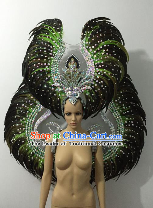 Top Grade Professional Stage Show Halloween Parade Green Feather Wings and Hair Accessories, Brazilian Rio Carnival Samba Dance Modern Fancywork Decorations Props for Women