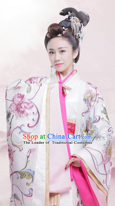 Traditional Chinese Ancient Warring States Imperial Concubine Costumes, Song of Phoenix Chu State Senior Concubine Hanfu Embroidered Clothing and Handmade Headpiece Complete Set