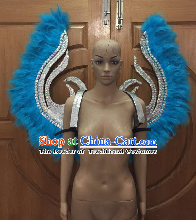 Top Grade Halloween Parade Decorations Brazilian Rio Carnival Samba Dance Blue Feathers Deluxe Wings for Women
