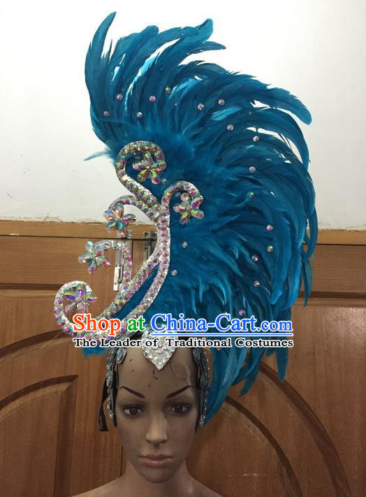 Top Grade Brazilian Rio Carnival Samba Dance Hair Accessories, Halloween Parade Giant Blue Feather Headpiece for Women