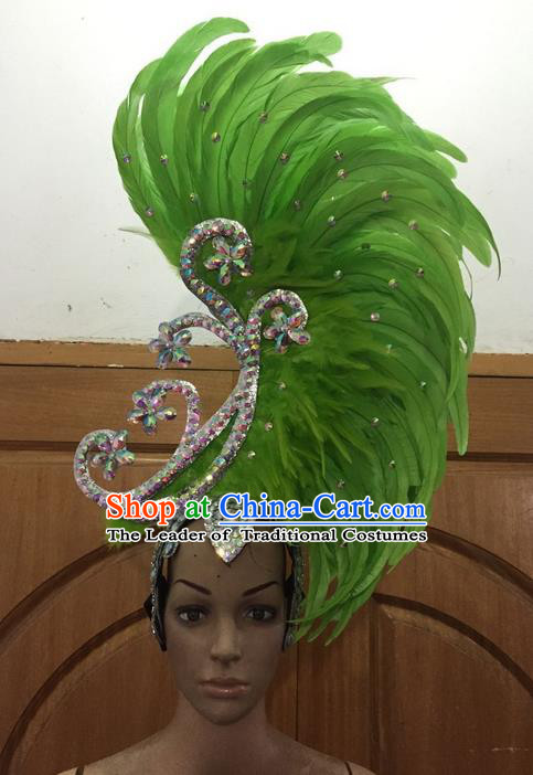 Top Grade Brazilian Rio Carnival Samba Dance Hair Accessories, Halloween Parade Giant Green Feather Headpiece for Women
