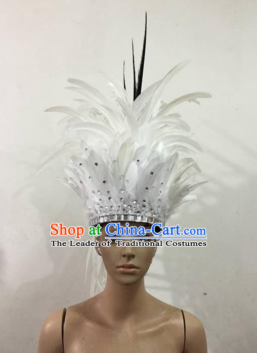 Top Grade Brazilian Rio Carnival Samba Dance Queen Hair Accessories Headwear, Halloween Parade Big Feather Headpiece for Women