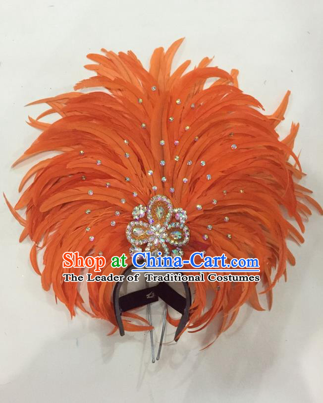 Top Grade Brazilian Rio Carnival Samba Dance Hair Accessories Giant Headpiece Headwear, Halloween Parade Big Orange Feather Headdress for Women