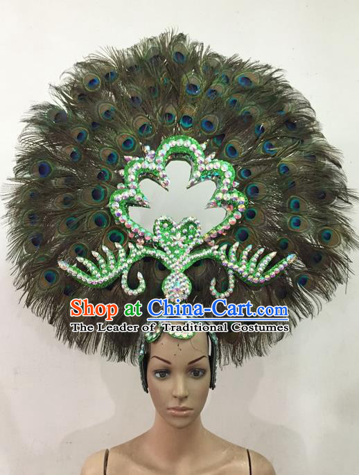 Top Grade Brazilian Rio Carnival Samba Dance Feather Hair Accessories Giant Headpiece Decorations, Halloween Parade Peacock Headwear for Women
