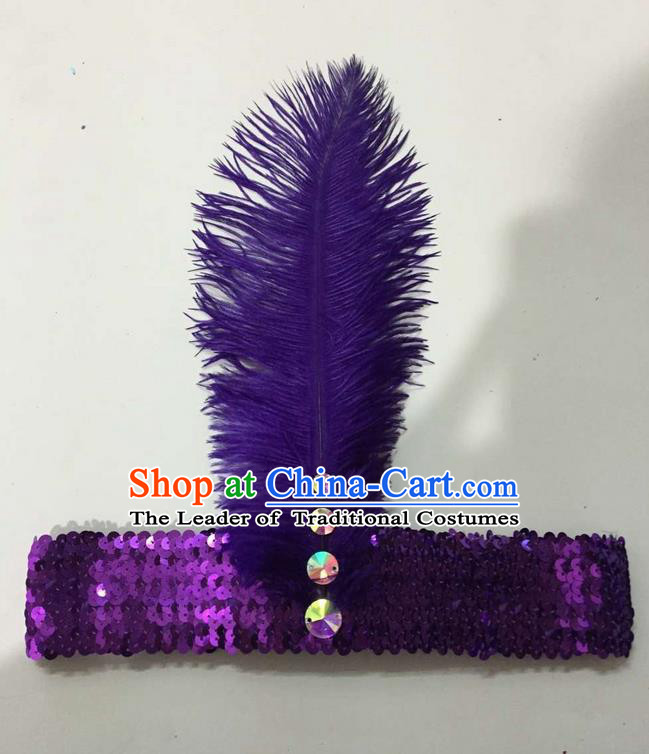 Top Grade Brazilian Rio Carnival Samba Dance Purple Feather Hair Accessories Headpiece, Halloween Parade Crystal Headwear for Women