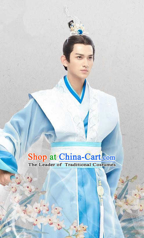 Traditional Chinese Ancient Warring States Time Nobility Childe Costumes, Song of Phoenix Chu State Dandies Hanfu Clothing and Handmade Headpiece Complete Set