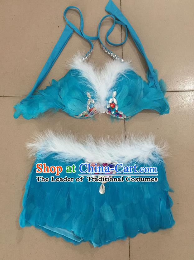 Top Grade Professional Performance Catwalks Costume Blue Feather Bikini, Traditional Brazilian Rio Carnival Samba Dance Modern Fancywork Swimsuit for Women