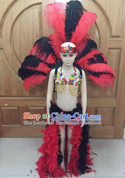 Top Grade Professional Performance Catwalks Swimsuit Feather Costume, Traditional Brazilian Rio Carnival Samba Dance Modern Fancywork Bikini Clothing and Wings for Kids