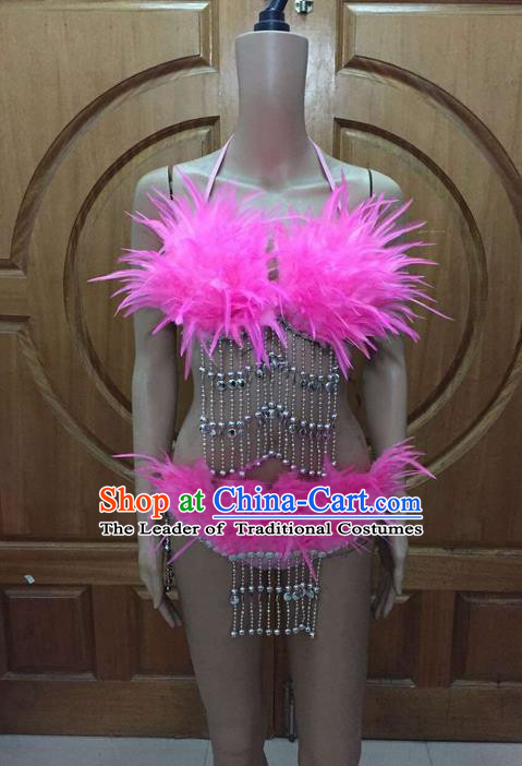 Top Grade Professional Performance Catwalks Tassel Bikini, Traditional Brazilian Rio Carnival Samba Modern Fancywork Belly Dance Pink Swimsuit Clothing for Women