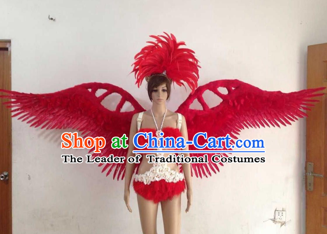 Top Grade Professional Performance Catwalks Red Swimsuit, Brazilian Rio Carnival Parade Samba Opening Dance Bikini and Feather Wings for Women