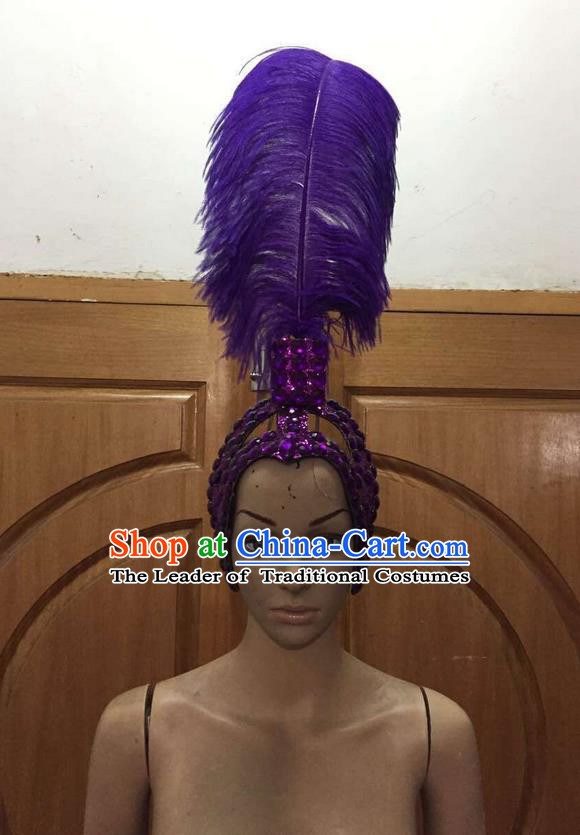 Top Grade Brazilian Rio Carnival Samba Dance Purple Feathers Hair Accessories Headpiece, Halloween Parade Feather Decorations Headwear for Women