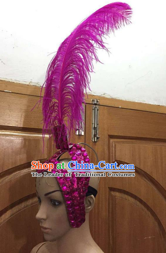 Top Grade Brazilian Rio Carnival Samba Dance Rosy Feathers Hair Accessories Headpiece, Halloween Parade Feather Decorations Headwear for Women