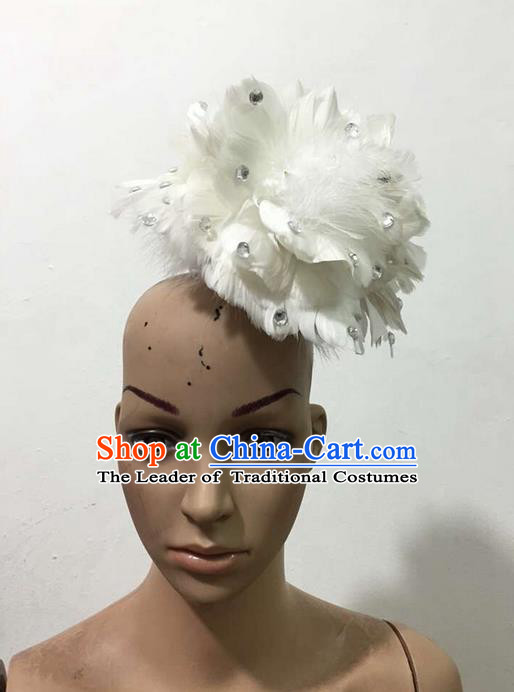 Top Grade Brazilian Rio Carnival Samba Dance White Feathers Hair Accessories Headpiece, Halloween Parade Feather Decorations Headwear for Women
