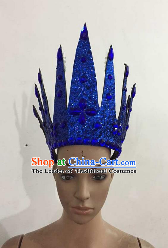 Top Grade Professional Performance Catwalks Hair Accessories, Brazilian Rio Carnival Parade Samba Dance Royalblue Crystal Crown Headwear for Women