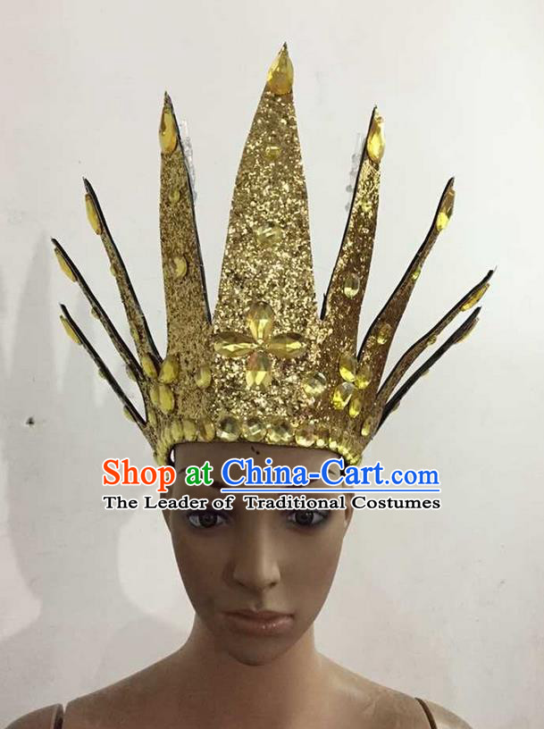 Top Grade Professional Performance Catwalks Hair Accessories, Brazilian Rio Carnival Parade Samba Dance Golden Crystal Crown Headwear for Women