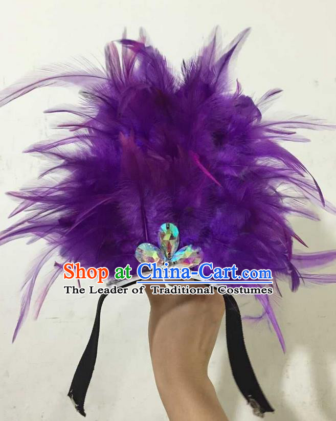 Top Grade Professional Performance Catwalks Halloween Purple Feathers Head Decorations Headpiece, Brazilian Rio Carnival Parade Samba Dance Headwear for Kids