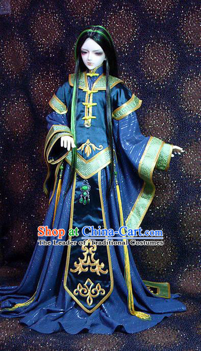 Top Grade Traditional China Ancient Cosplay Swordsman Blue Costumes Complete Set, China Ancient Taoist Royal Highness Hanfu Robe Clothing for Men for Kids