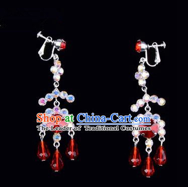 Chinese Ancient Peking Opera Head Accessories Young Lady Diva Colorful Crystal Red Earrings, Traditional Chinese Beijing Opera Hua Tan Eardrop Ear Pendants