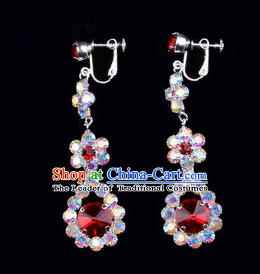 Chinese Ancient Peking Opera Head Accessories Young Lady Diva Colorful Crystal Red Water Drop Earrings, Traditional Chinese Beijing Opera Hua Tan Eardrop Ear Pendants