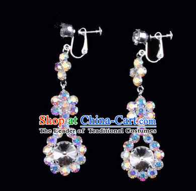 Chinese Ancient Peking Opera Head Accessories Young Lady Diva Colorful Crystal White Water Drop Earrings, Traditional Chinese Beijing Opera Hua Tan Eardrop Ear Pendants