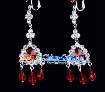 Chinese Ancient Peking Opera Head Accessories Young Lady Diva Colorful Crystal Red Tassel Earrings, Traditional Chinese Beijing Opera Hua Tan Ear Pendants